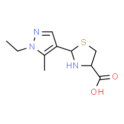 ChemSpider 2D Image | 2-(1-ethyl-5-methylpyrazol-4-yl)-1,3-thiazolidine-4-carboxylic acid | C10H15N3O2S