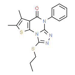 ChemSpider 2D Image | 2,3-Dimethyl-5-phenyl-8-(propylsulfanyl)thieno[3,2-e][1,2,4]triazolo[4,3-a]pyrimidin-4(5H)-one | C18H18N4OS2