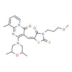ChemSpider 2D Image | 2-(2,6-Dimethyl-4-morpholinyl)-3-{(E)-[3-(3-methoxypropyl)-4-oxo-2-thioxo-1,3-thiazolidin-5-ylidene]methyl}-9-methyl-4H-pyrido[1,2-a]pyrimidin-4-one | C23H28N4O4S2