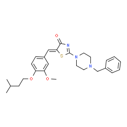 ChemSpider 2D Image | (5Z)-2-(4-Benzyl-1-piperazinyl)-5-[3-methoxy-4-(3-methylbutoxy)benzylidene]-1,3-thiazol-4(5H)-one | C27H33N3O3S