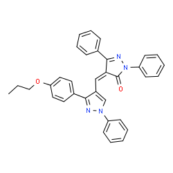 ChemSpider 2D Image | (4Z)-2,5-Diphenyl-4-{[1-phenyl-3-(4-propoxyphenyl)-1H-pyrazol-4-yl]methylene}-2,4-dihydro-3H-pyrazol-3-one | C34H28N4O2