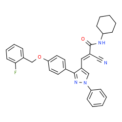 ChemSpider 2D Image | (2E)-2-Cyano-N-cyclohexyl-3-(3-{4-[(2-fluorobenzyl)oxy]phenyl}-1-phenyl-1H-pyrazol-4-yl)acrylamide | C32H29FN4O2