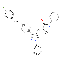 ChemSpider 2D Image | (2E)-2-Cyano-N-cyclohexyl-3-(3-{4-[(4-fluorobenzyl)oxy]phenyl}-1-phenyl-1H-pyrazol-4-yl)acrylamide | C32H29FN4O2