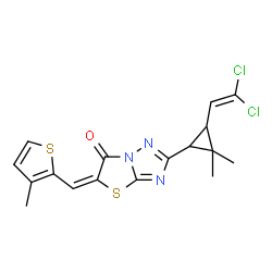 ChemSpider 2D Image | (5E)-2-[3-(2,2-Dichlorovinyl)-2,2-dimethylcyclopropyl]-5-[(3-methyl-2-thienyl)methylene][1,3]thiazolo[3,2-b][1,2,4]triazol-6(5H)-one | C17H15Cl2N3OS2