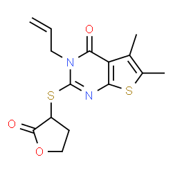 ChemSpider 2D Image | 3-Allyl-5,6-dimethyl-2-(2-oxo-tetrahydro-furan-3-ylsulfanyl)-3H-thieno[2,3-d]pyrimidin-4-one | C15H16N2O3S2