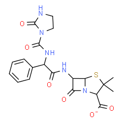 ChemSpider 2D Image | 3,3-Dimethyl-7-oxo-6-{[{[(2-oxo-1-imidazolidinyl)carbonyl]amino}(phenyl)acetyl]amino}-4-thia-1-azabicyclo[3.2.0]heptane-2-carboxylate | C20H22N5O6S