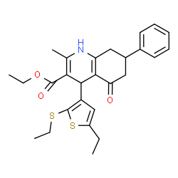 ChemSpider 2D Image | Ethyl 4-[5-ethyl-2-(ethylsulfanyl)-3-thienyl]-2-methyl-5-oxo-7-phenyl-1,4,5,6,7,8-hexahydro-3-quinolinecarboxylate | C27H31NO3S2