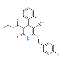 ChemSpider 2D Image | Ethyl 6-[(4-chlorobenzyl)sulfanyl]-5-cyano-4-(2-fluorophenyl)-2-oxo-1,2,3,4-tetrahydro-3-pyridinecarboxylate | C22H18ClFN2O3S