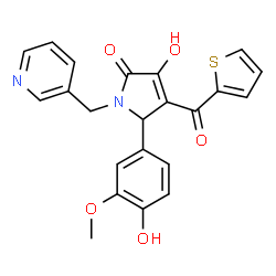ChemSpider 2D Image | 3-Hydroxy-5-(4-hydroxy-3-methoxyphenyl)-1-(3-pyridinylmethyl)-4-(2-thienylcarbonyl)-1,5-dihydro-2H-pyrrol-2-one | C22H18N2O5S