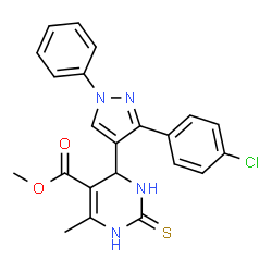 ChemSpider 2D Image | Methyl 4-[3-(4-chlorophenyl)-1-phenyl-1H-pyrazol-4-yl]-6-methyl-2-thioxo-1,2,3,4-tetrahydro-5-pyrimidinecarboxylate | C22H19ClN4O2S