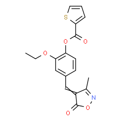ChemSpider 2D Image | 2-Ethoxy-4-[(3-methyl-5-oxo-1,2-oxazol-4(5H)-ylidene)methyl]phenyl 2-thiophenecarboxylate | C18H15NO5S