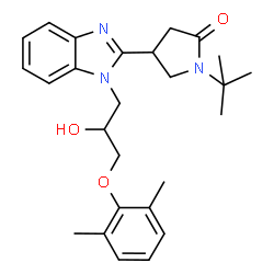 ChemSpider 2D Image | 4-{1-[3-(2,6-Dimethylphenoxy)-2-hydroxypropyl]-1H-benzimidazol-2-yl}-1-(2-methyl-2-propanyl)-2-pyrrolidinone | C26H33N3O3