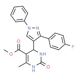 ChemSpider 2D Image | Methyl 4-[3-(4-fluorophenyl)-1-phenyl-1H-pyrazol-4-yl]-6-methyl-2-oxo-1,2,3,4-tetrahydro-5-pyrimidinecarboxylate | C22H19FN4O3