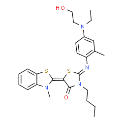 ChemSpider 2D Image | (2Z,5Z)-3-Butyl-2-({4-[ethyl(2-hydroxyethyl)amino]-2-methylphenyl}imino)-5-(3-methyl-1,3-benzothiazol-2(3H)-ylidene)-1,3-thiazolidin-4-one | C26H32N4O2S2