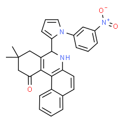 ChemSpider 2D Image | 3,3-Dimethyl-5-[1-(3-nitrophenyl)-1H-pyrrol-2-yl]-3,4,5,6-tetrahydrobenzo[a]phenanthridin-1(2H)-one | C29H25N3O3