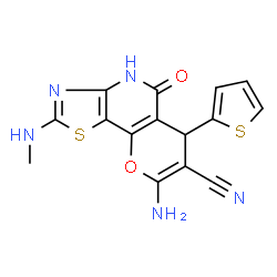 ChemSpider 2D Image | 8-Amino-2-(methylamino)-5-oxo-6-(2-thienyl)-4,6-dihydro-5H-pyrano[2,3-d][1,3]thiazolo[4,5-b]pyridine-7-carbonitrile | C15H11N5O2S2