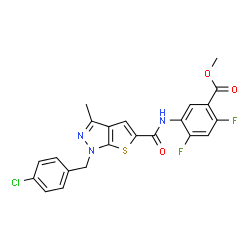 ChemSpider 2D Image | Methyl 5-({[1-(4-chlorobenzyl)-3-methyl-1H-thieno[2,3-c]pyrazol-5-yl]carbonyl}amino)-2,4-difluorobenzoate | C22H16ClF2N3O3S