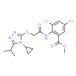 ChemSpider 2D Image | Methyl 3,5-dichloro-2-({[(4-cyclopropyl-5-isopropyl-4H-1,2,4-triazol-3-yl)sulfanyl]acetyl}amino)benzoate | C18H20Cl2N4O3S