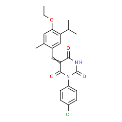 ChemSpider 2D Image | 1-(4-Chlorophenyl)-5-(4-ethoxy-5-isopropyl-2-methylbenzylidene)-2,4,6(1H,3H,5H)-pyrimidinetrione | C23H23ClN2O4