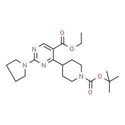 ChemSpider 2D Image | Ethyl 4-(1-{[(2-methyl-2-propanyl)oxy]carbonyl}-4-piperidinyl)-2-(1-pyrrolidinyl)-5-pyrimidinecarboxylate | C21H32N4O4