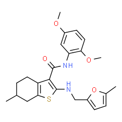 ChemSpider 2D Image | N-(2,5-Dimethoxyphenyl)-6-methyl-2-{[(5-methyl-2-furyl)methyl]amino}-4,5,6,7-tetrahydro-1-benzothiophene-3-carboxamide | C24H28N2O4S