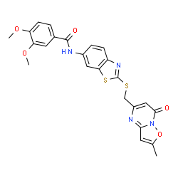 ChemSpider 2D Image | 3,4-Dimethoxy-N-(2-{[(2-methyl-7-oxo-7H-[1,2]oxazolo[2,3-a]pyrimidin-5-yl)methyl]sulfanyl}-1,3-benzothiazol-6-yl)benzamide | C24H20N4O5S2