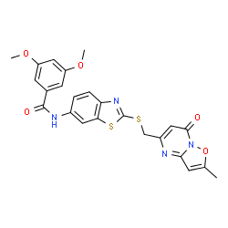 ChemSpider 2D Image | 3,5-Dimethoxy-N-(2-{[(2-methyl-7-oxo-7H-[1,2]oxazolo[2,3-a]pyrimidin-5-yl)methyl]sulfanyl}-1,3-benzothiazol-6-yl)benzamide | C24H20N4O5S2