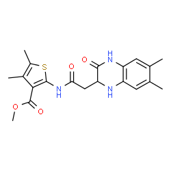 ChemSpider 2D Image | Methyl 2-{[(6,7-dimethyl-3-oxo-1,2,3,4-tetrahydro-2-quinoxalinyl)acetyl]amino}-4,5-dimethyl-3-thiophenecarboxylate | C20H23N3O4S