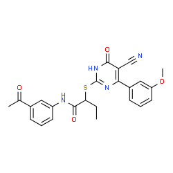 ChemSpider 2D Image | N-(3-Acetylphenyl)-2-{[5-cyano-4-(3-methoxyphenyl)-6-oxo-1,6-dihydro-2-pyrimidinyl]sulfanyl}butanamide | C24H22N4O4S