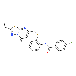 ChemSpider 2D Image | N-(2-{[(2-Ethyl-5-oxo-5H-[1,3,4]thiadiazolo[3,2-a]pyrimidin-7-yl)methyl]sulfanyl}phenyl)-4-fluorobenzamide | C21H17FN4O2S2