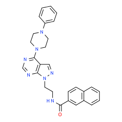 ChemSpider 2D Image | N-{2-[4-(4-Phenyl-1-piperazinyl)-1H-pyrazolo[3,4-d]pyrimidin-1-yl]ethyl}-2-naphthamide | C28H27N7O