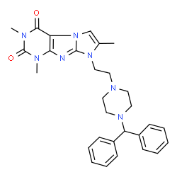 ChemSpider 2D Image | 8-{2-[4-(Diphenylmethyl)-1-piperazinyl]ethyl}-1,3,7-trimethyl-1H-imidazo[2,1-f]purine-2,4(3H,8H)-dione | C29H33N7O2