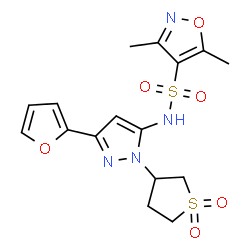 ChemSpider 2D Image | N-[1-(1,1-Dioxidotetrahydro-3-thiophenyl)-3-(2-furyl)-1H-pyrazol-5-yl]-3,5-dimethyl-1,2-oxazole-4-sulfonamide | C16H18N4O6S2