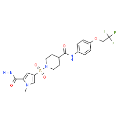ChemSpider 2D Image | 1-[(5-Carbamoyl-1-methyl-1H-pyrrol-3-yl)sulfonyl]-N-[4-(2,2,2-trifluoroethoxy)phenyl]-4-piperidinecarboxamide | C20H23F3N4O5S