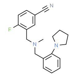ChemSpider 2D Image | 4-Fluoro-3-({methyl[2-(1-pyrrolidinyl)benzyl]amino}methyl)benzonitrile | C20H22FN3