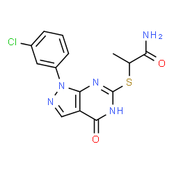 ChemSpider 2D Image | 2-{[1-(3-Chlorophenyl)-4-oxo-4,5-dihydro-1H-pyrazolo[3,4-d]pyrimidin-6-yl]sulfanyl}propanamide | C14H12ClN5O2S