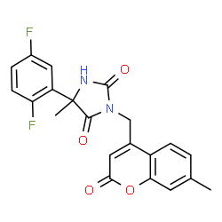 ChemSpider 2D Image | 5-(2,5-Difluorophenyl)-5-methyl-3-[(7-methyl-2-oxo-2H-chromen-4-yl)methyl]-2,4-imidazolidinedione | C21H16F2N2O4