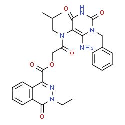 ChemSpider 2D Image | 2-[(6-Amino-1-benzyl-2,4-dioxo-1,2,3,4-tetrahydro-5-pyrimidinyl)(isobutyl)amino]-2-oxoethyl 3-ethyl-4-oxo-3,4-dihydro-1-phthalazinecarboxylate | C28H30N6O6