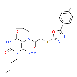 ChemSpider 2D Image | N-(6-Amino-1-butyl-2,4-dioxo-1,2,3,4-tetrahydro-5-pyrimidinyl)-2-{[5-(4-chlorophenyl)-1,3,4-oxadiazol-2-yl]sulfanyl}-N-isobutylacetamide | C22H27ClN6O4S
