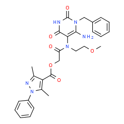 ChemSpider 2D Image | 2-[(6-Amino-1-benzyl-2,4-dioxo-1,2,3,4-tetrahydro-5-pyrimidinyl)(2-methoxyethyl)amino]-2-oxoethyl 3,5-dimethyl-1-phenyl-1H-pyrazole-4-carboxylate | C28H30N6O6