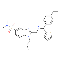 ChemSpider 2D Image | 2-({[(4-Ethylphenyl)(2-thienyl)methyl]amino}methyl)-N,N-dimethyl-1-propyl-1H-benzimidazole-5-sulfonamide | C26H32N4O2S2
