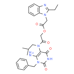ChemSpider 2D Image | 2-[(6-Amino-1-benzyl-2,4-dioxo-1,2,3,4-tetrahydro-5-pyrimidinyl)(isobutyl)amino]-2-oxoethyl (2-ethyl-1H-benzimidazol-1-yl)acetate | C28H32N6O5