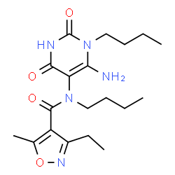 ChemSpider 2D Image | N-(6-Amino-1-butyl-2,4-dioxo-1,2,3,4-tetrahydro-5-pyrimidinyl)-N-butyl-3-ethyl-5-methyl-1,2-oxazole-4-carboxamide | C19H29N5O4
