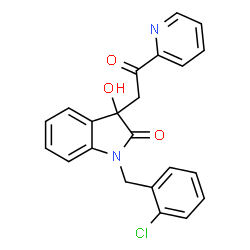 ChemSpider 2D Image | 1-(2-Chlorobenzyl)-3-hydroxy-3-[2-oxo-2-(2-pyridinyl)ethyl]-1,3-dihydro-2H-indol-2-one | C22H17ClN2O3