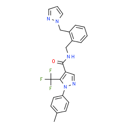 ChemSpider 2D Image | 1-(4-Methylphenyl)-N-[2-(1H-pyrazol-1-ylmethyl)benzyl]-5-(trifluoromethyl)-1H-pyrazole-4-carboxamide | C23H20F3N5O