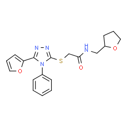 ChemSpider 2D Image | 2-{[5-(2-Furyl)-4-phenyl-4H-1,2,4-triazol-3-yl]sulfanyl}-N-(tetrahydro-2-furanylmethyl)acetamide | C19H20N4O3S