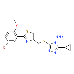 ChemSpider 2D Image | 3-({[2-(5-Bromo-2-methoxyphenyl)-1,3-thiazol-4-yl]methyl}sulfanyl)-5-cyclopropyl-4H-1,2,4-triazol-4-amine | C16H16BrN5OS2