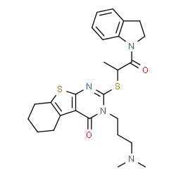 ChemSpider 2D Image | 2-{[1-(2,3-Dihydro-1H-indol-1-yl)-1-oxo-2-propanyl]sulfanyl}-3-[3-(dimethylamino)propyl]-5,6,7,8-tetrahydro[1]benzothieno[2,3-d]pyrimidin-4(3H)-one | C26H32N4O2S2