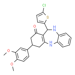 ChemSpider 2D Image | 11-(5-Chloro-2-thienyl)-3-(3,4-dimethoxyphenyl)-2,3,4,5,10,11-hexahydro-1H-dibenzo[b,e][1,4]diazepin-1-one | C25H23ClN2O3S