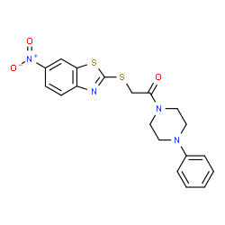 ChemSpider 2D Image | 2-[(6-Nitro-1,3-benzothiazol-2-yl)sulfanyl]-1-(4-phenyl-1-piperazinyl)ethanone | C19H18N4O3S2